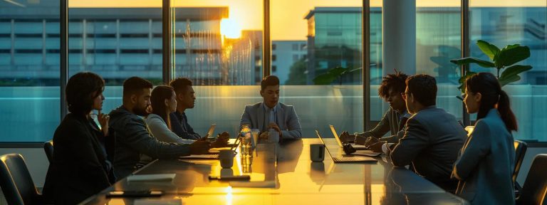 a diverse group of young professionals engaged in a passionate discussion around a sleek conference table, illuminated by modern lighting, symbolizing the impact and importance of daca in contemporary society.