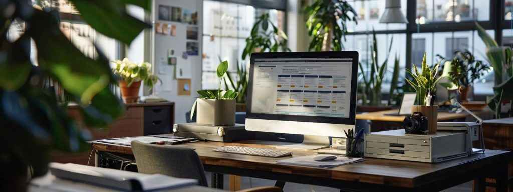 Modern office workspace with computer displaying DACA application process, surrounded by plants and organized desk items, emphasizing a productive environment for immigration law discussions.